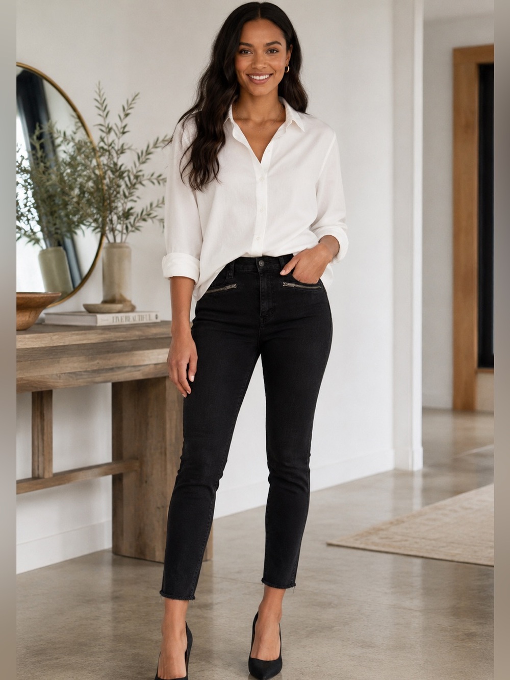 Trouvé Black Skinny Ankle Jeans Size 26 Zip Pockets Raw Hem Stretch
